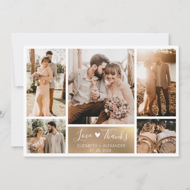 Elegant Gold White Heart Photo Collage Wedding  Thank You Card (Front)