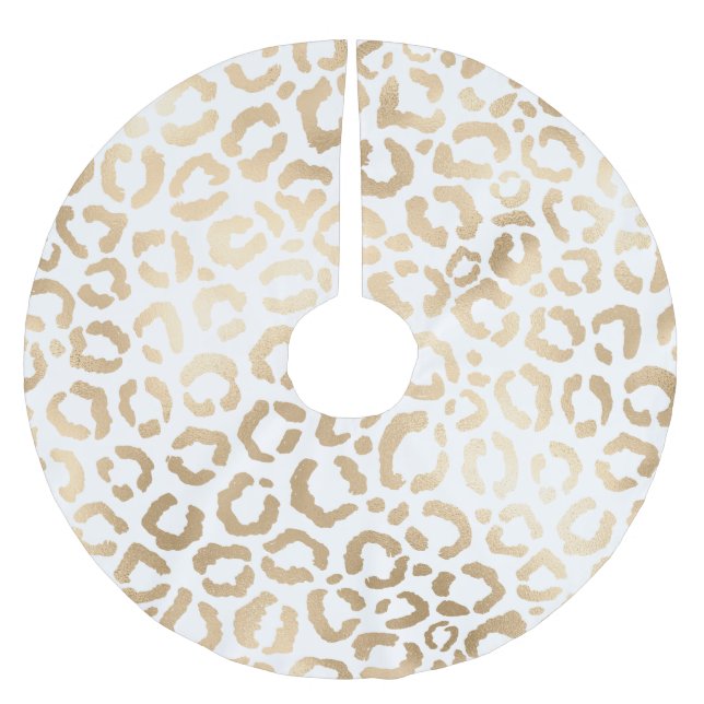 Elegant Gold White Leopard Cheetah Animal Print Brushed Polyester Tree Skirt (Front)
