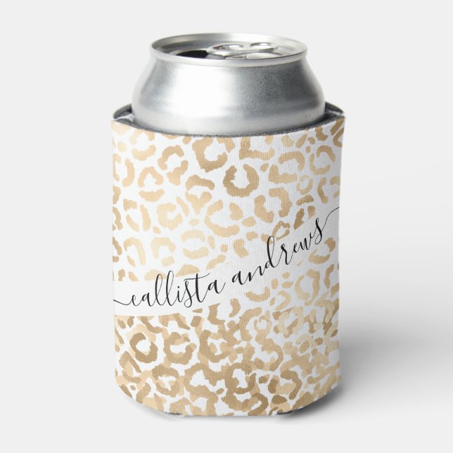 Elegant Gold White Leopard Cheetah Animal Print Can Cooler (Can Front)
