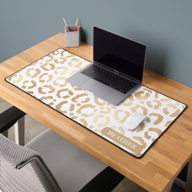 Elegant Gold White Leopard Cheetah Animal Print Desk Mat (Office 2)