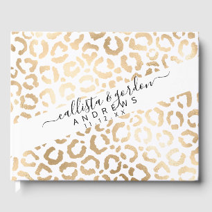 Elegant Gold White Leopard Cheetah Animal Print Guest Book
