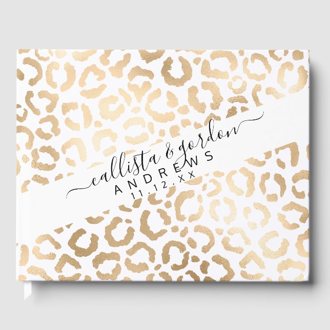 Elegant Gold White Leopard Cheetah Animal Print Guest Book (Front)