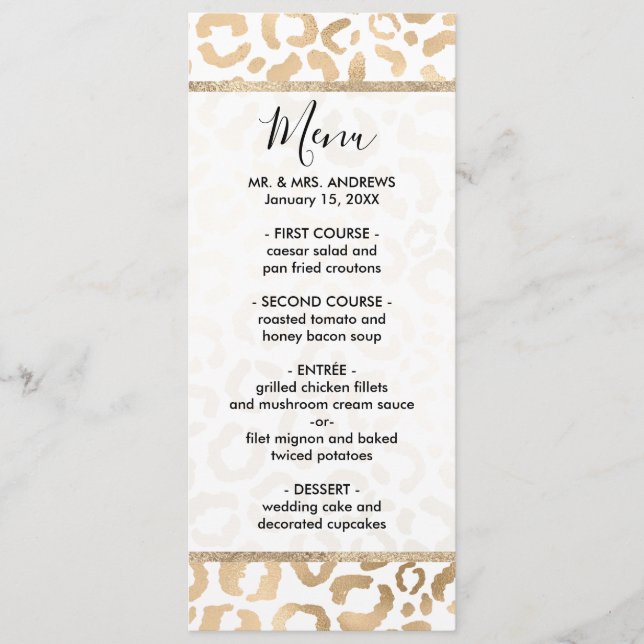 Elegant Gold White Leopard Cheetah Animal Print Menu (Front)