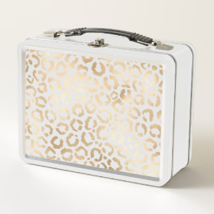 Elegant Gold White Leopard Cheetah Animal Print Metal Lunch Box