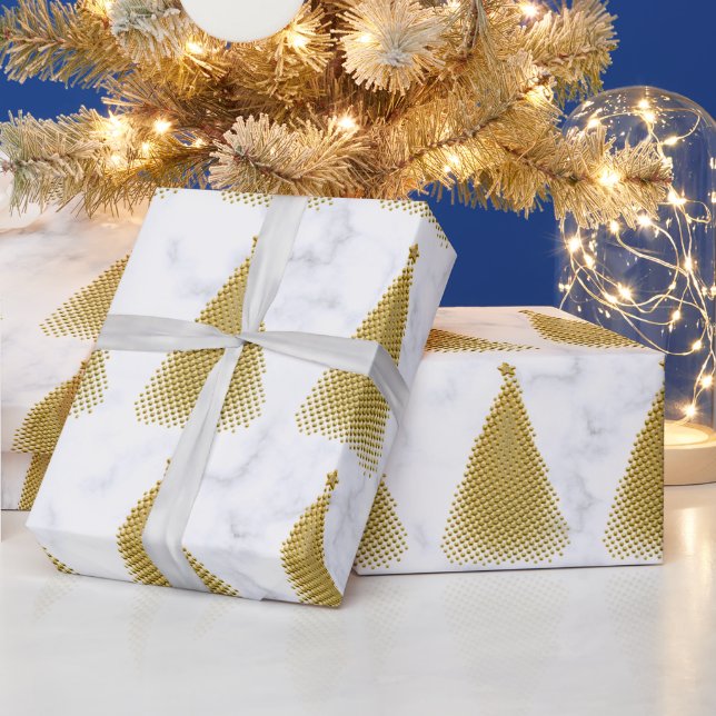 Elegant Gold & White Marble Christmas Tree Pattern Wrapping Paper (Holidays)