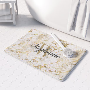 Elegant Gold White Marble Monogram Script Bath Mat