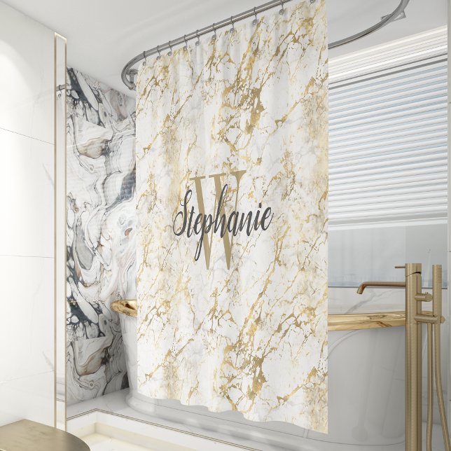 Elegant Gold White Marble Monogram Script Shower Curtain (Creator Uploaded)