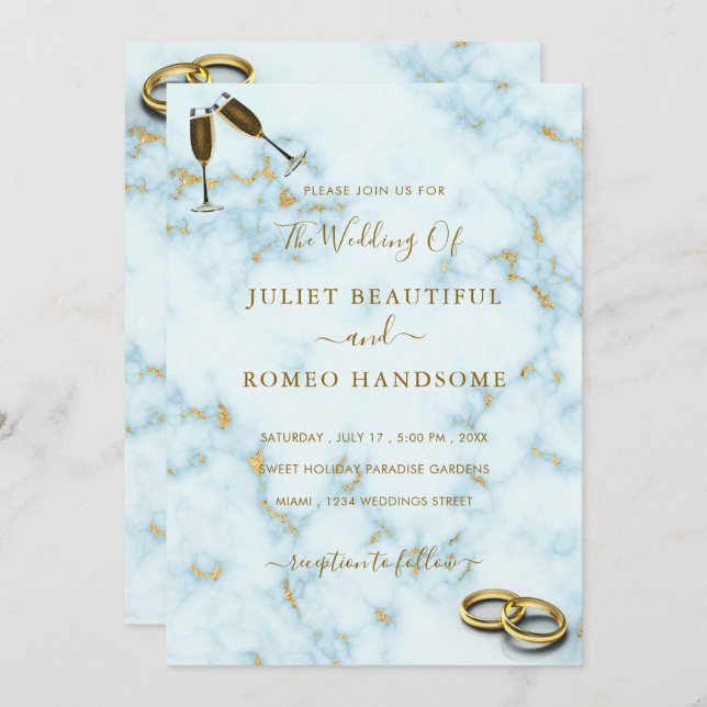 Elegant Gold White Marble Rings Wedding Invitation (Front/Back)