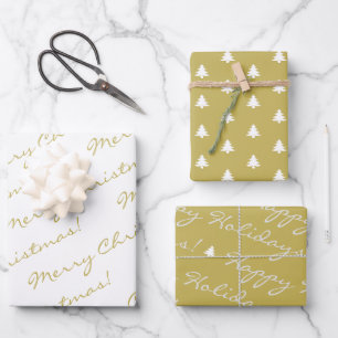 Elegant Gold White Merry Christmas Holiday Trees Wrapping Paper Sheet