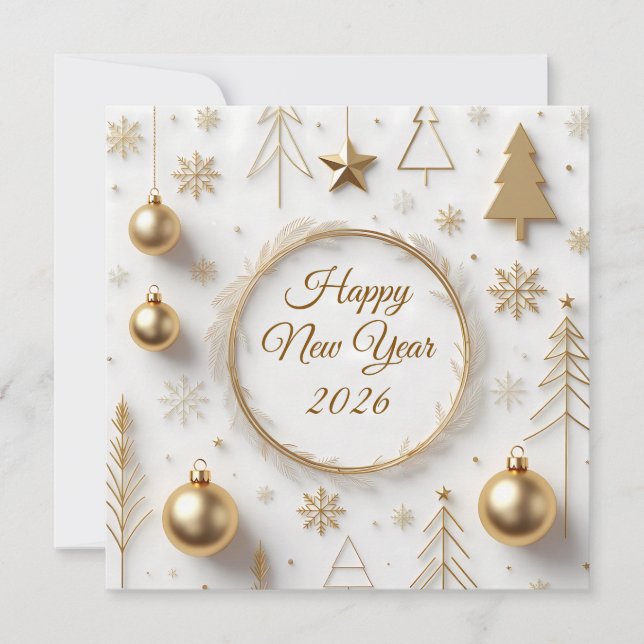 Elegant Gold & White Modern Happy New Year 2026 Holiday Card (Front)