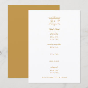 Elegant Gold & White Monogram Wedding Menu Card