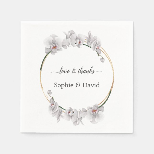 Elegant Gold White Orchid Flowers Bloom Wedding Napkin (Front)