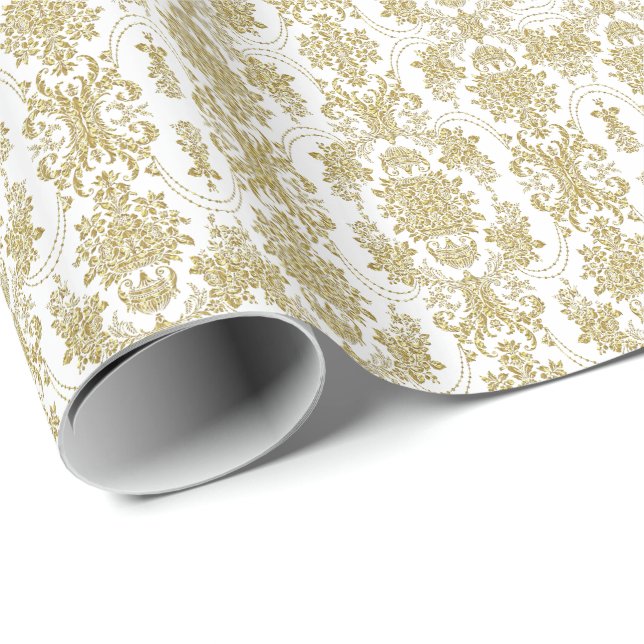 Elegant Gold & White Ornate Floral Pattern Wrapping Paper (Roll Corner)