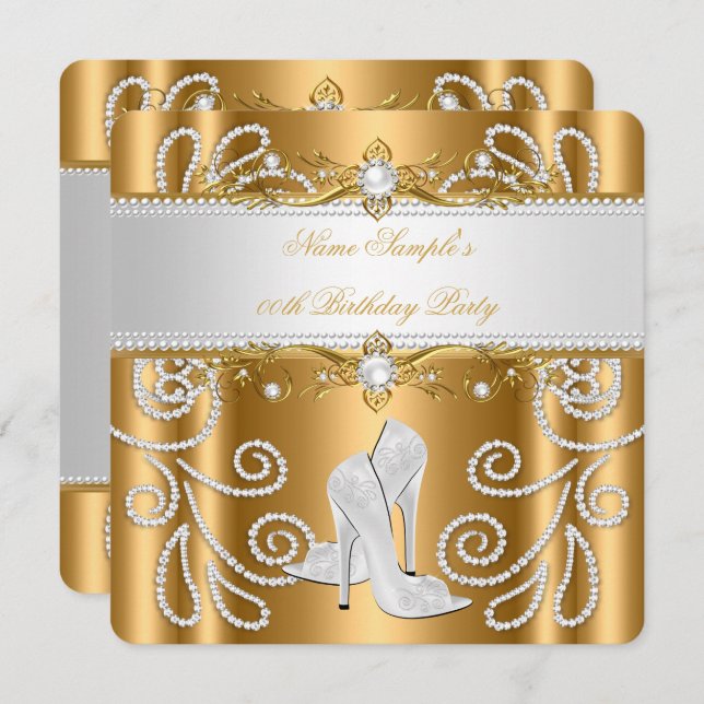 Elegant Gold White Pearl Diamond High Heel Party 3 Invitation (Front/Back)