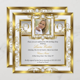 Elegant Gold White Pearl Photo Birthday Party 2 Invitation
