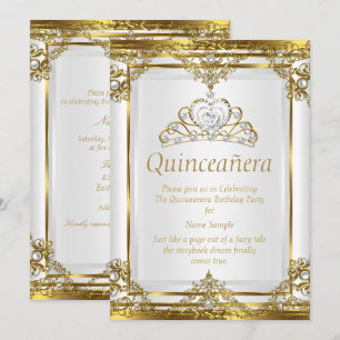 Elegant Gold White Pearl Princess Quinceanera Invitation