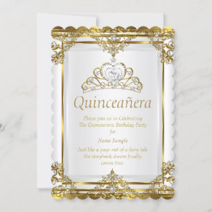 Elegant Gold White Pearl Princess Quinceanera Invitation