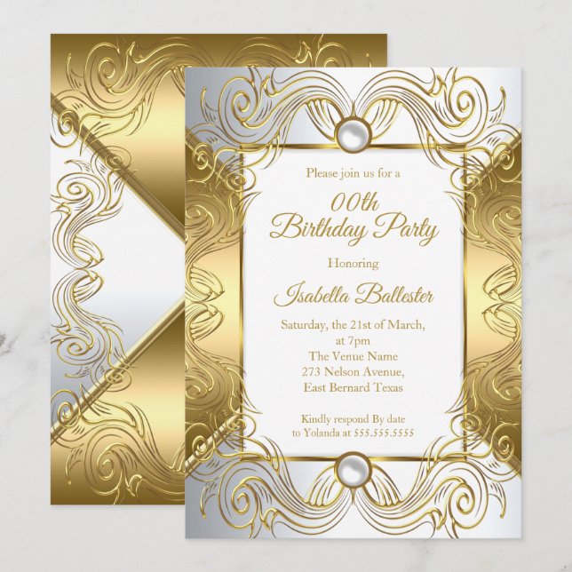 Elegant Gold White Pearl Silver swirl birthday Invitation (Front/Back)