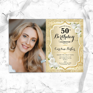 Elegant Gold White Photo 50th Birthday Invitation