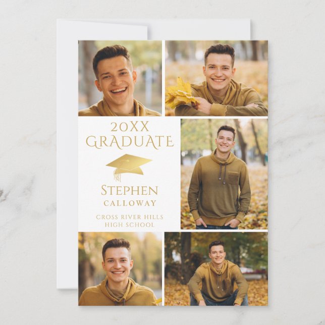 Elegant Gold White Photo Collage Graduate Announcement (Front)