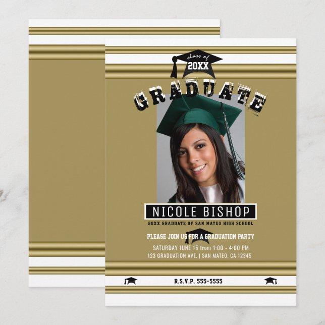 Elegant Gold & White Photo Graduation Party  Invitation (Front/Back)