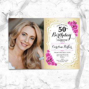 Elegant Gold White Pink Roses Photo 50th Birthday Invitation