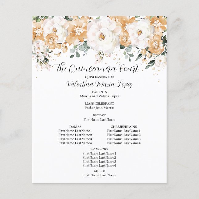 Elegant Gold White Rose Floral Quinceanera Program (Front)