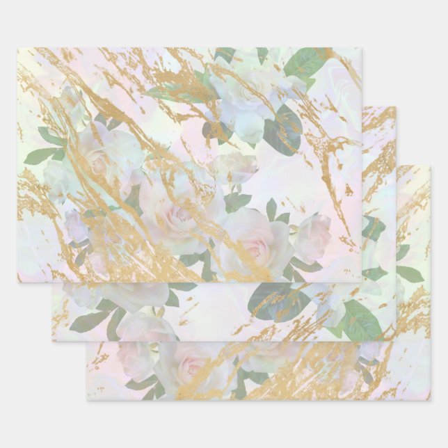 Elegant Gold White Rose Silk Decoupage Design Wrapping Paper Sheet (Set)