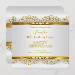 Elegant Gold White Silver Diamond Birthday Party 2 Invitation