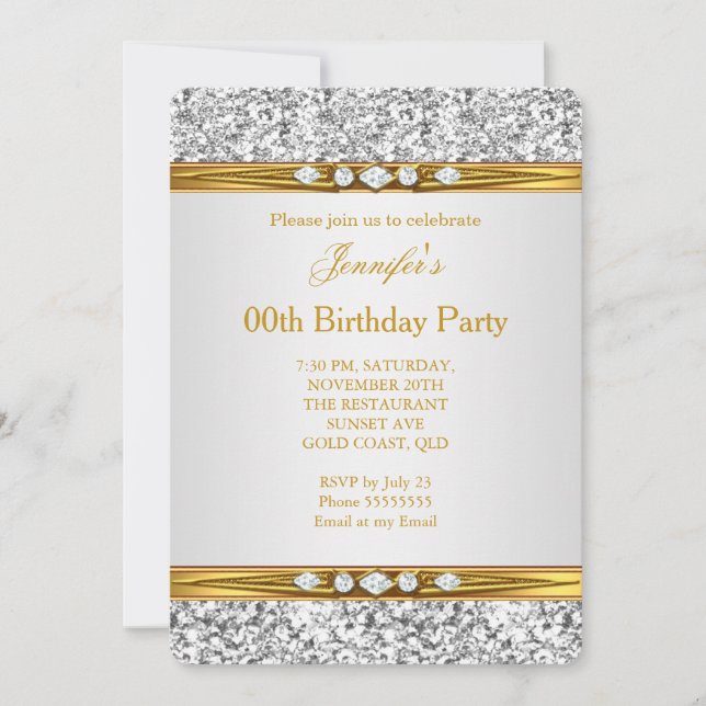 Elegant Gold White Silver Glitter Diamond Birthday Invitation (Front)