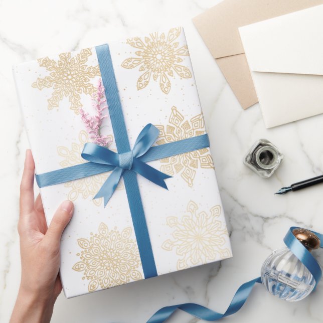 Elegant Gold & White Snowflake Christmas Pattern Wrapping Paper (Gifting)