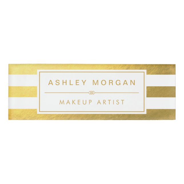 Elegant Gold White Stripes Custom Name Title Tag (Front)