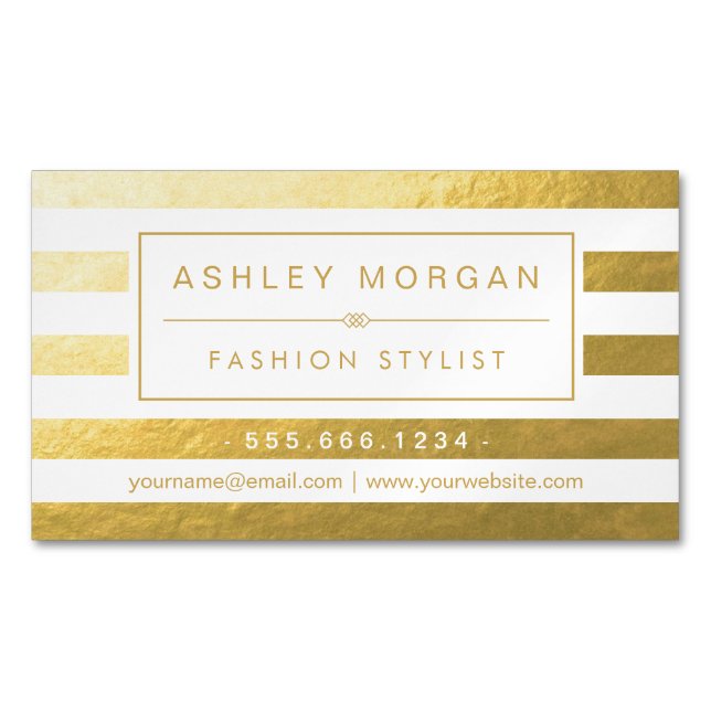 Elegant Gold White Stripes - Luxury and Stylish Magnetic Business Card (Front)