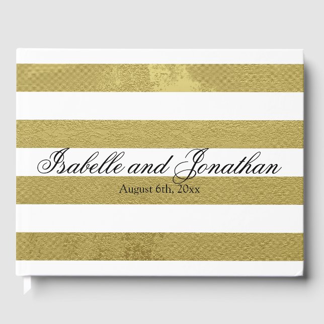 Elegant Gold & White Stripes Personalised Wedding Guest Book (Front)