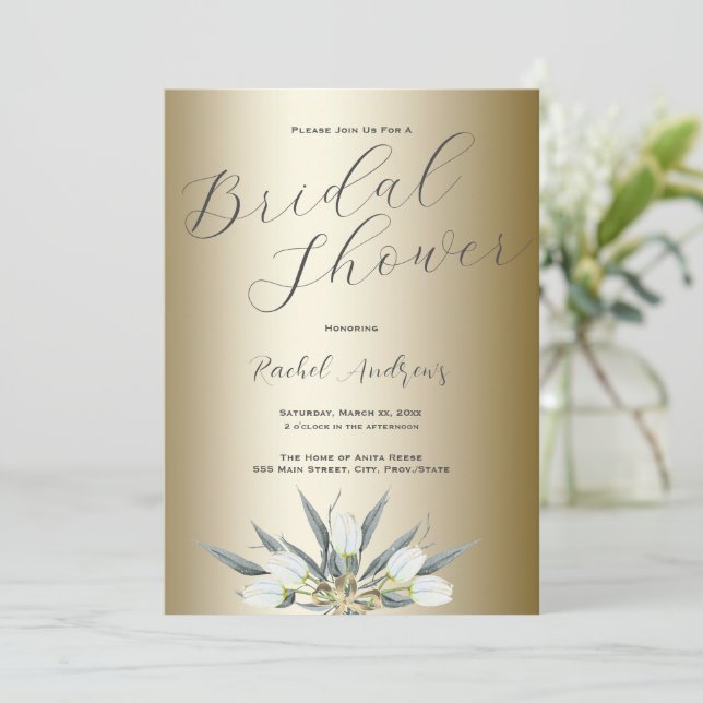 Elegant Gold, White Tulips, Bridal Shower Invitation (Standing Front)