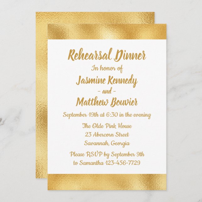 Elegant Gold & White Wedding Rehearsal Dinner Glam Invitation (Front/Back)