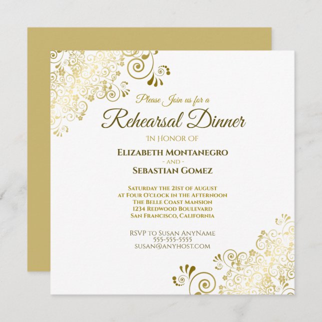 Elegant Gold White Wedding Rehearsal Dinner Square Invitation (Front/Back)