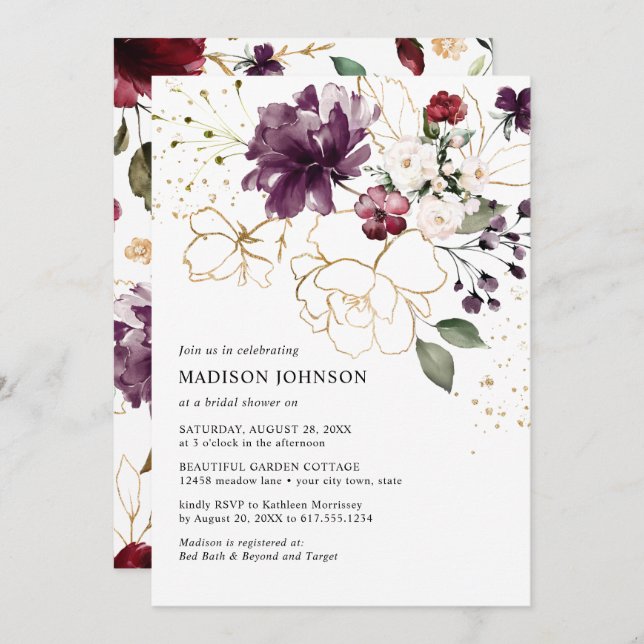 Elegant Gold Wine Burgundy Floral Bridal Shower Invitation (Front/Back)