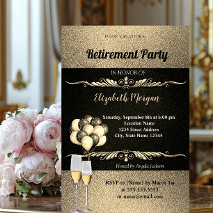 Elegant Gold Wine Glas , Ballons, Retirement Party Invitation