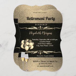 Elegant Gold Wine Glas , Ballons, Retirement Party Invitation