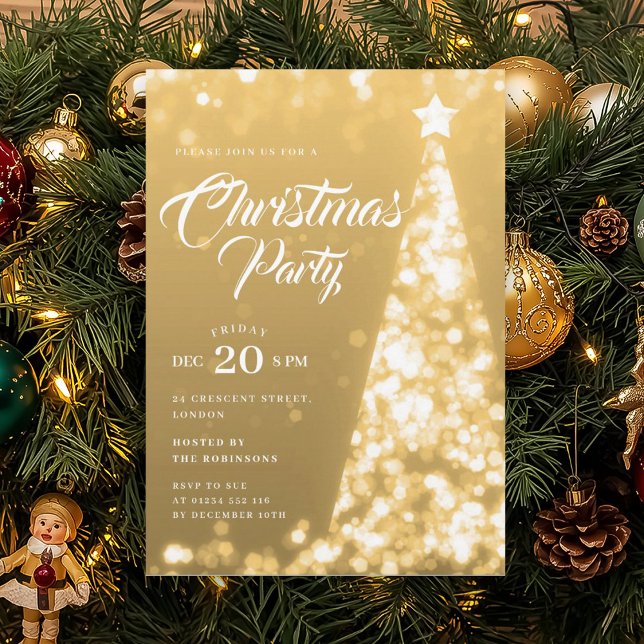 Elegant Gold Winter Christmas Tree Holiday Party Invitation (Elegant Gold Winter Christmas Tree Holiday Party Invitation)