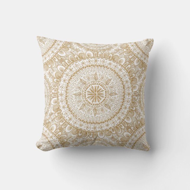 Elegant Gold Winter Flower Mandala White Pattern Cushion (Front)