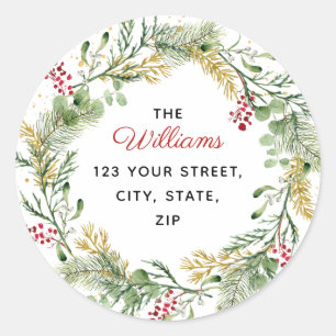Elegant Gold Winter Greenery Wreath Address Classic Round Sticker