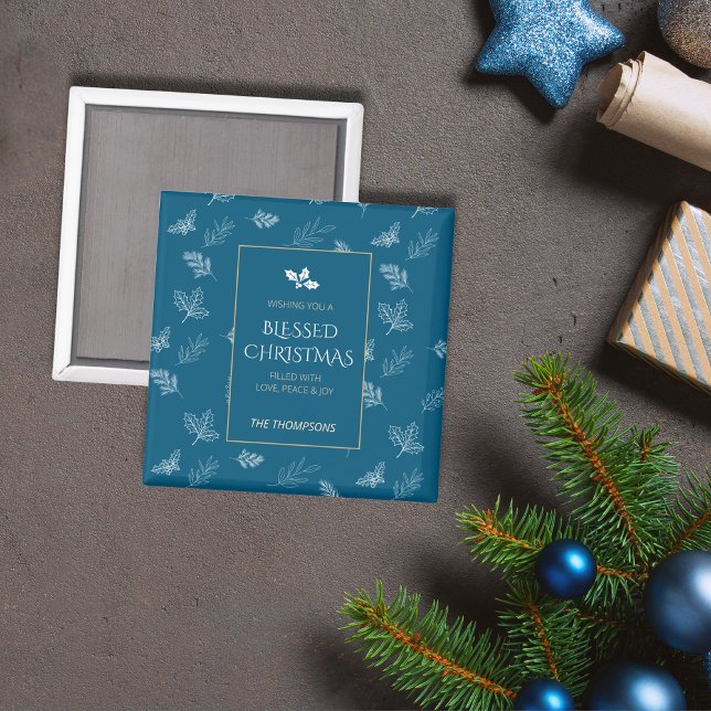 Elegant Gold Winter Leaves Blue Christmas Magnet (Creator Uploaded)