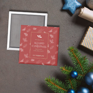 Elegant Gold Winter Leaves Red Christmas Magnet