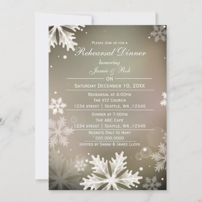 Elegant Gold Winter Rehearsal Dinner invite (Front)