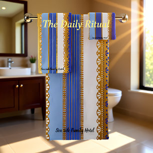 Elegant Gold with blue and white Stripe Bath Towel Set