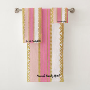Elegant Gold with pink and white Stripe Bath Towel Set