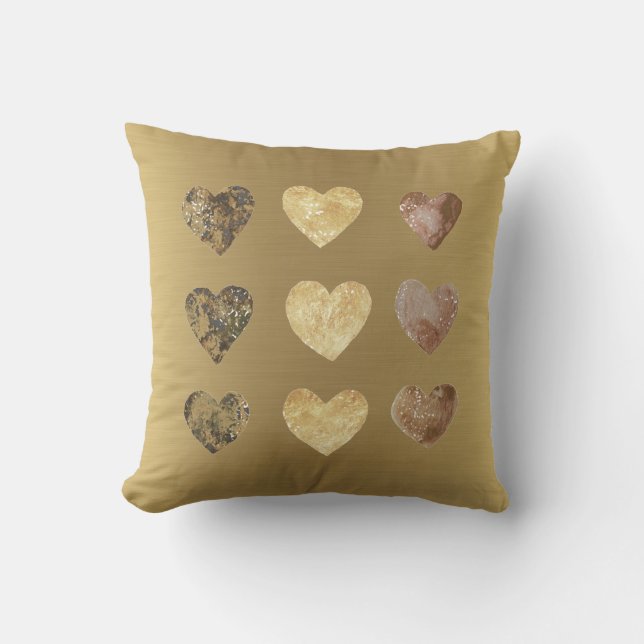 Elegant Gold with Watercolor Hearts Cushion (Front)