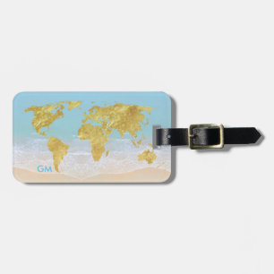 Elegant Gold World Map Beach Custom Monogram Luggage Tag